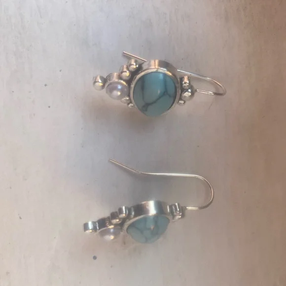 Blue and Silver Heart-Shaped Earrings with Hook Backing - Picture 2 of 2